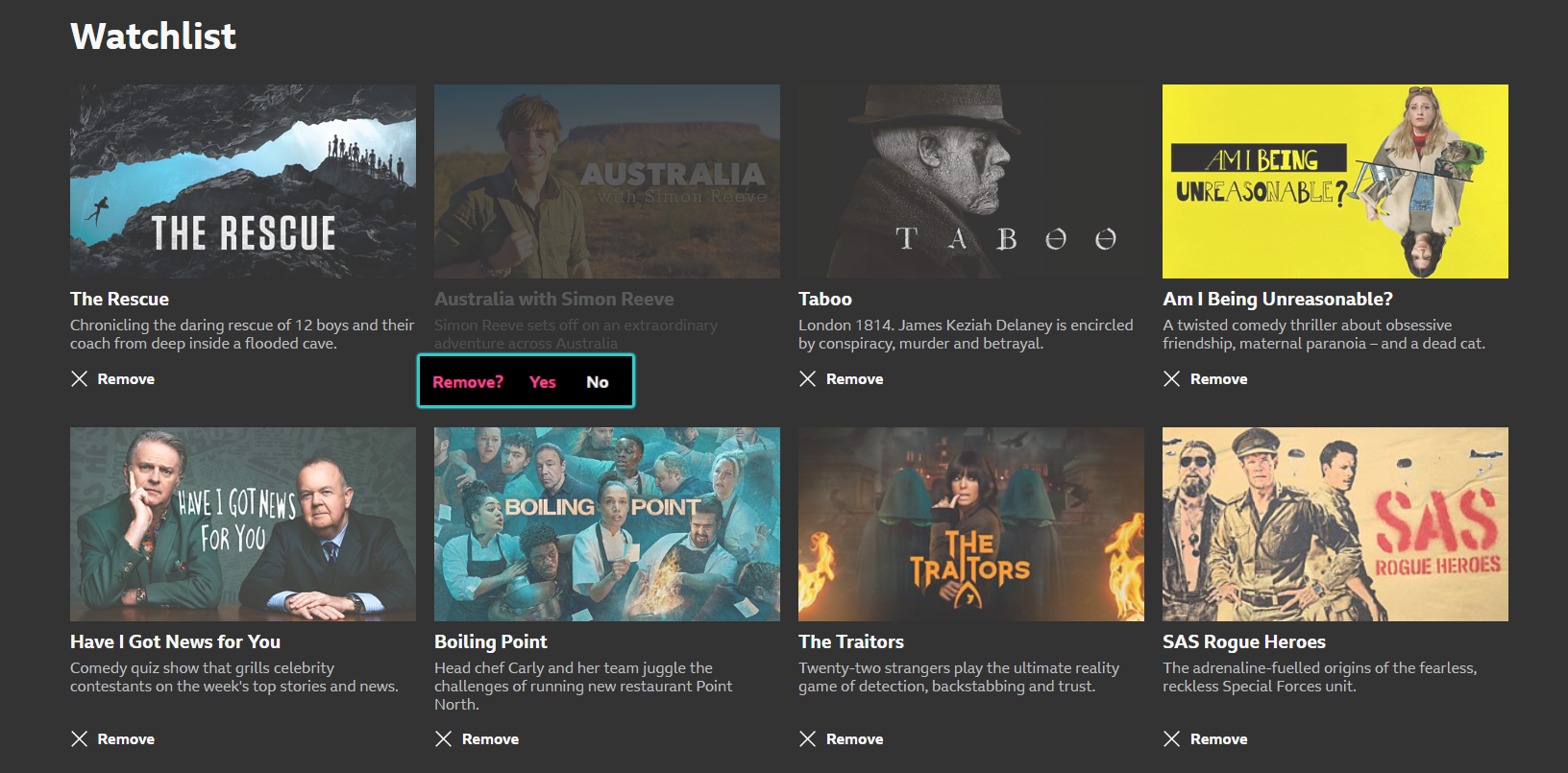 Image of the list of added programmes under the Watchlist menu on the iPlayer website. The 'Remove' icon is highlighted underneath one of the programmes