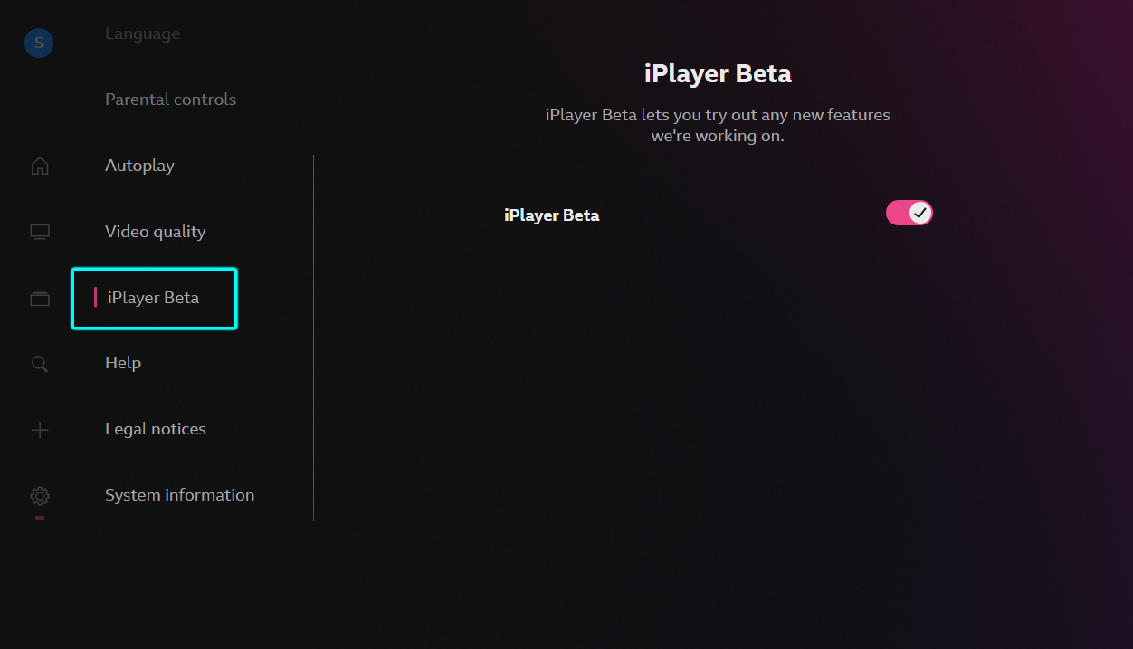 Image showing the iPlayer Beta option in the TV app Settings. The Beta toggle is visible and switched on.