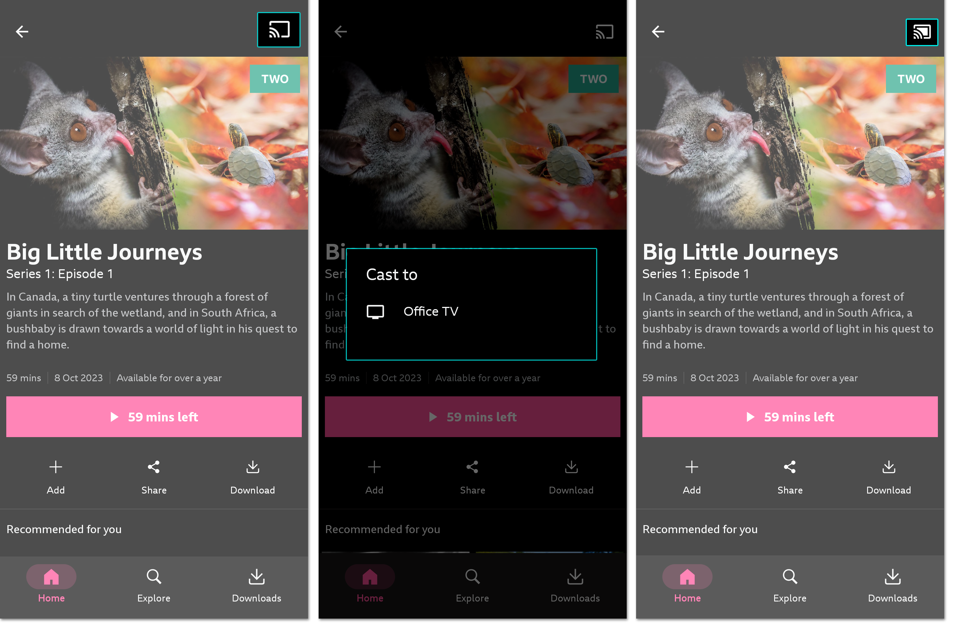 Three screenshots of the BBC iPlayer mobile app. The first shows an episode page with the Chromecast icon highlighted on the top right. The second shows the available devices to cast to. The third highlights the Chromecast icon again as it now indicates that the device is connected.