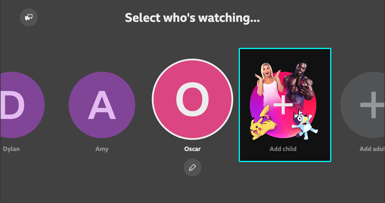 Image from the iPlayer TV app 'Select who's watching' page. The 'Add child' option is highlighted