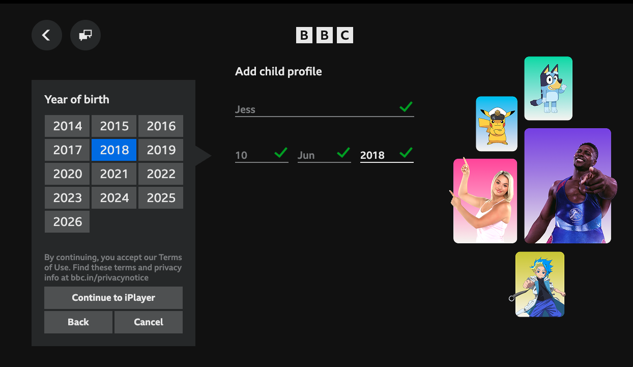 Image of the Child Profile creation page on the TV app. A name and date of birth has been entered.