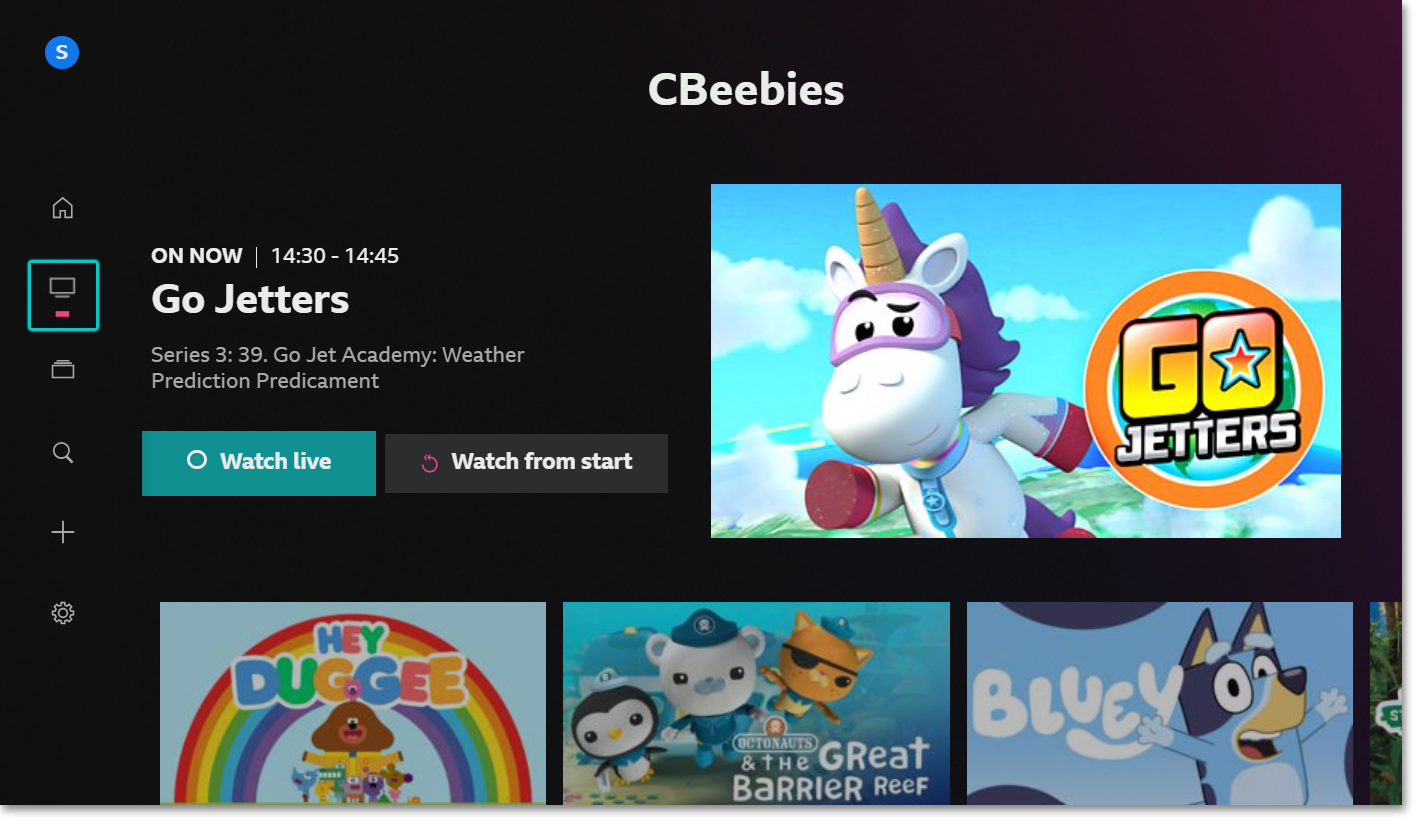 Image of the the channel page on the iPlayer TV app. The Channels menu on the left is highlighted and the options to watch live and Watch from the start are showing