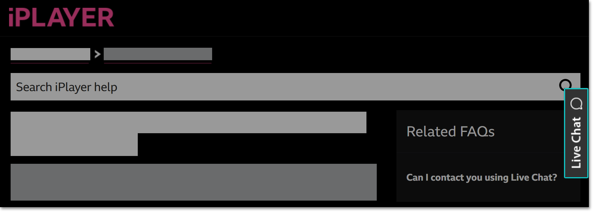 Image of the help site with the Live Chat icon highlighted on the right hand side