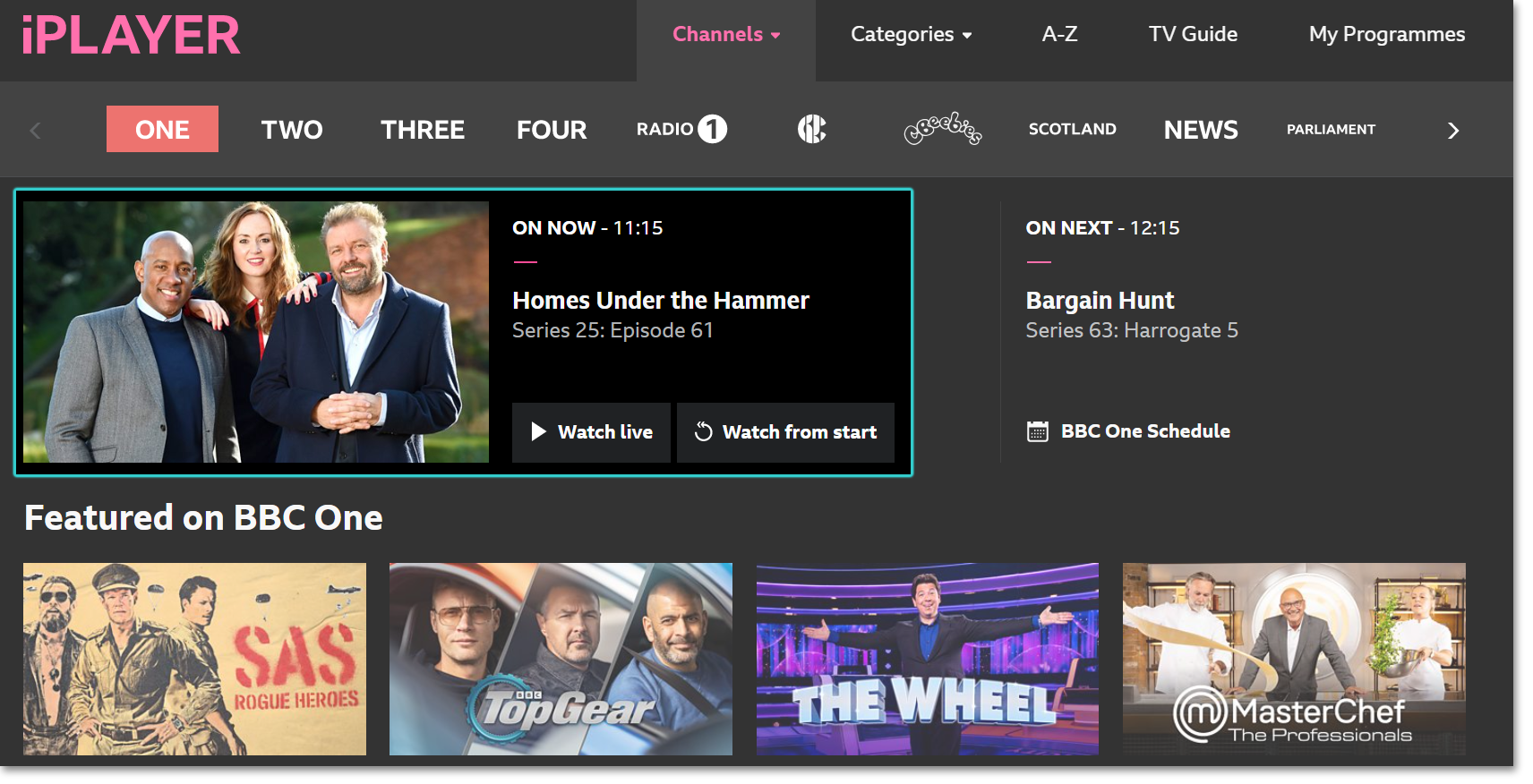 Image showing the channel page on the iPlayer website with the options to Watch Live or Watch from the Start highlighted