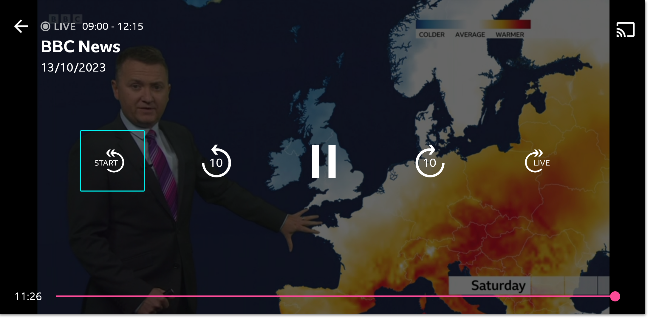 Image of the live playback screen on the mobile app with the 'Start' icon highlighted