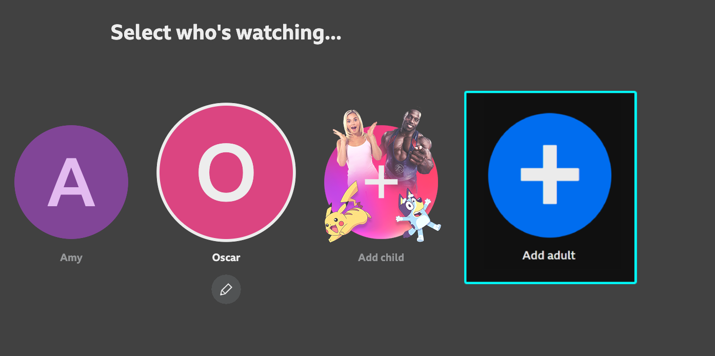 Image from the BBC iPlayer TV app, open on the 'Select who's watching' screen. The 'Add adult' icon is highlighted