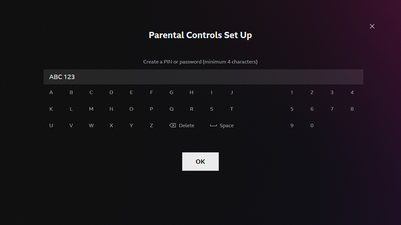 Image of the parental controls set-up page on the iPlayer TV app