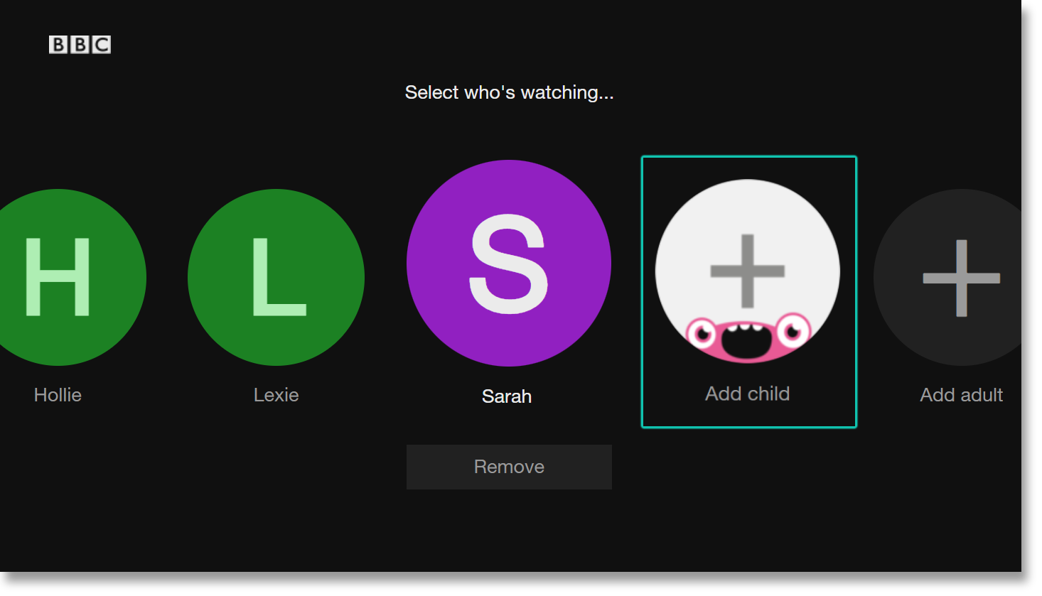 Screenshot of the BBC iPlayer user page with the Add Child option highlighted