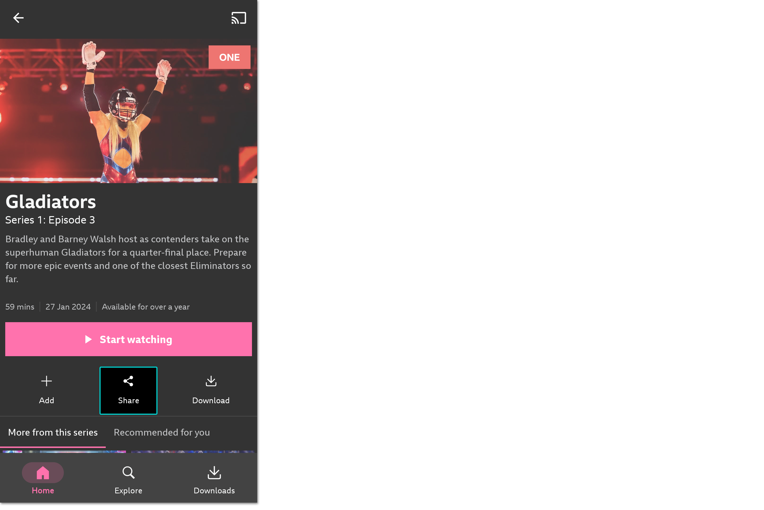 Image from the iPlayer mobile app, open on an episode of Gladiators. The Share button underneath is highlighted.
