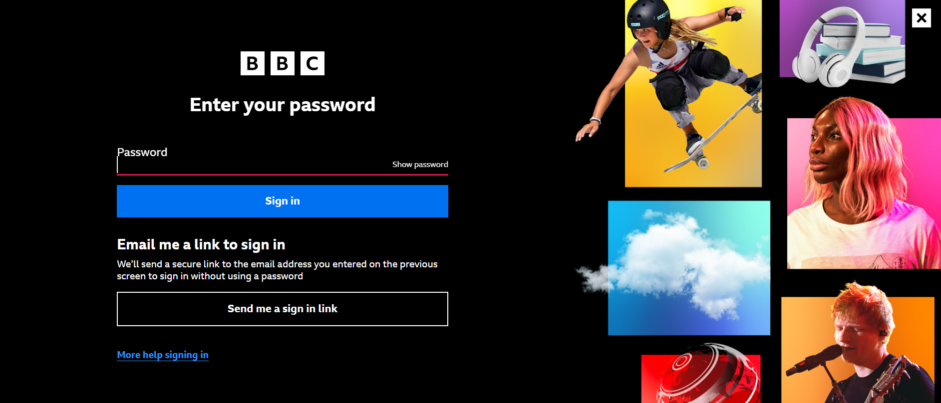 Second page of the sign in screen on the BBC website which asks for a password, or offers the option of signing in via email link