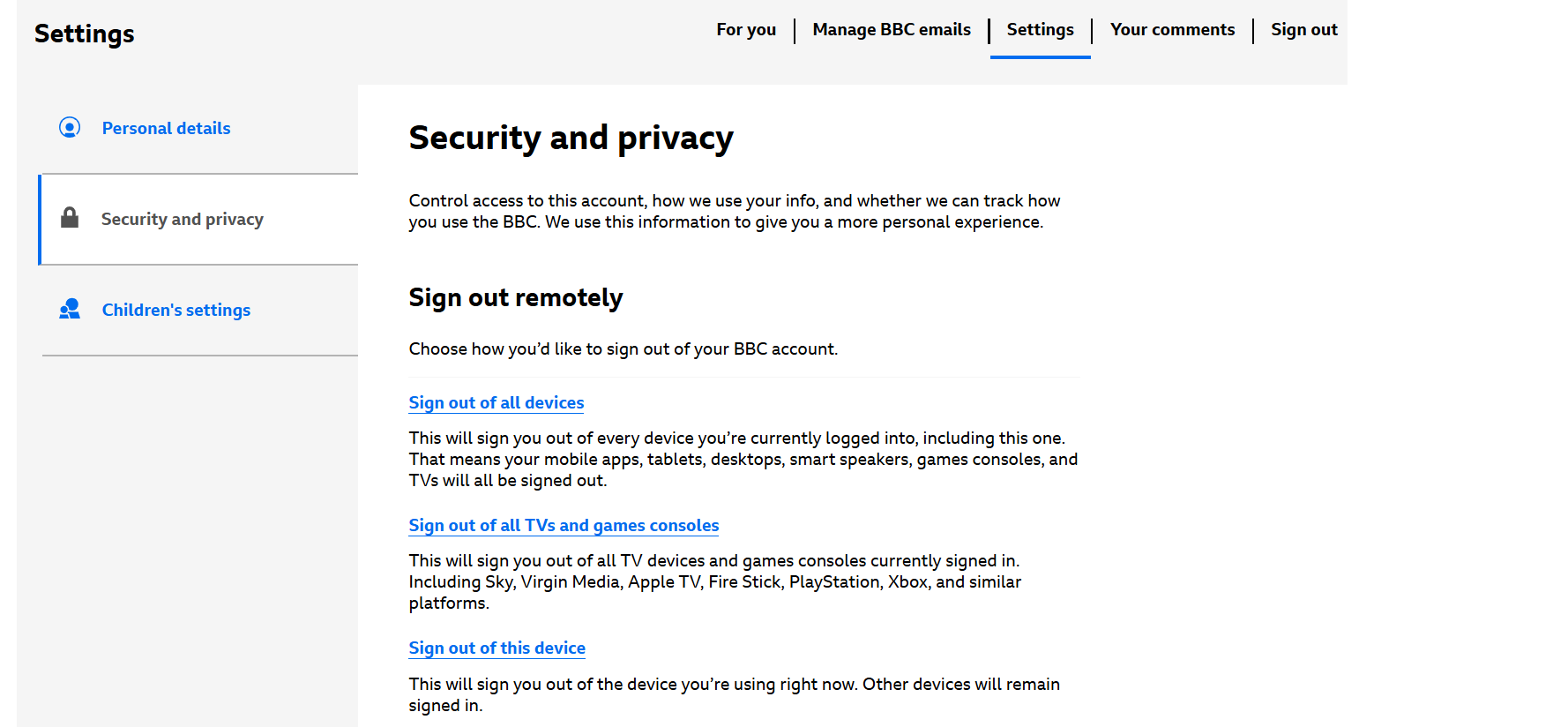 Image showing the Security and privacy menu on the BBC account settings