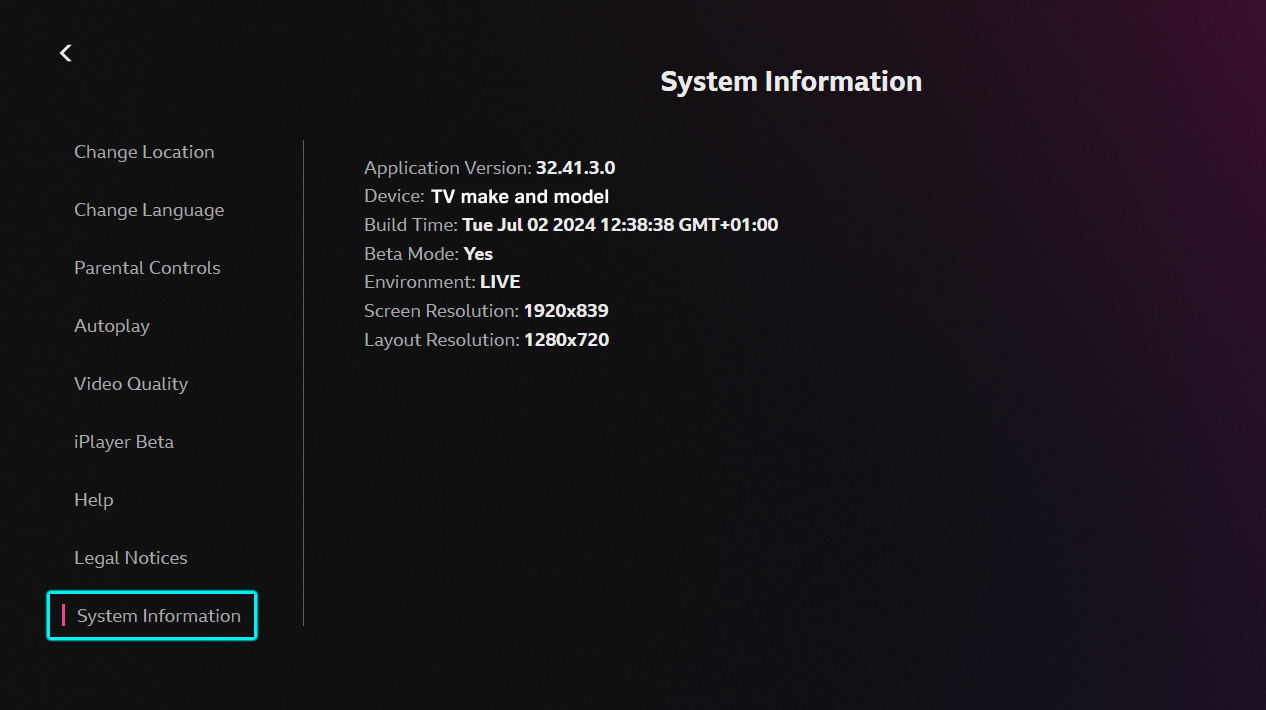 Image of the System Information page on the BBC iPlayer TV app. The System Information menu option is highlighted.