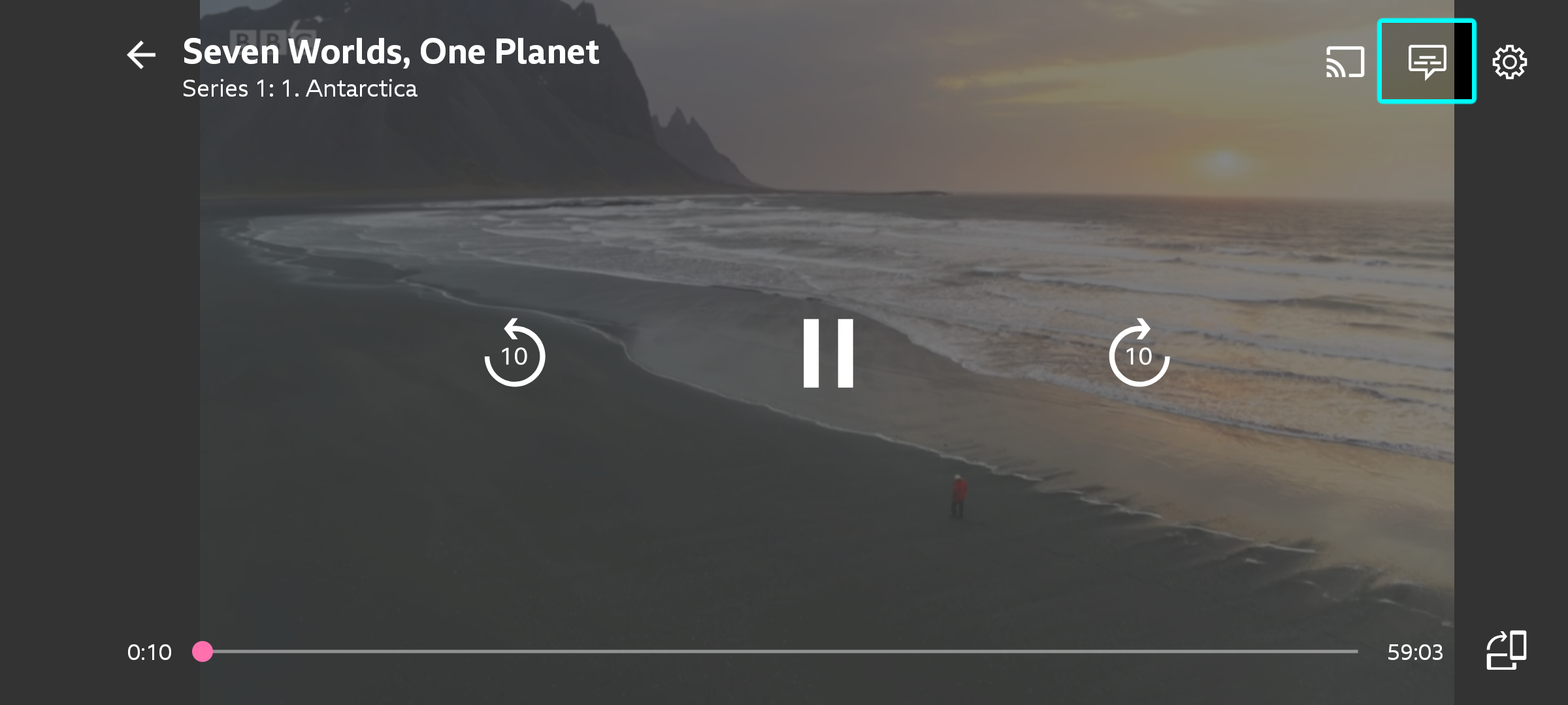Image showing the playback screen on the mobile app. The speech bubble icon is highlighted