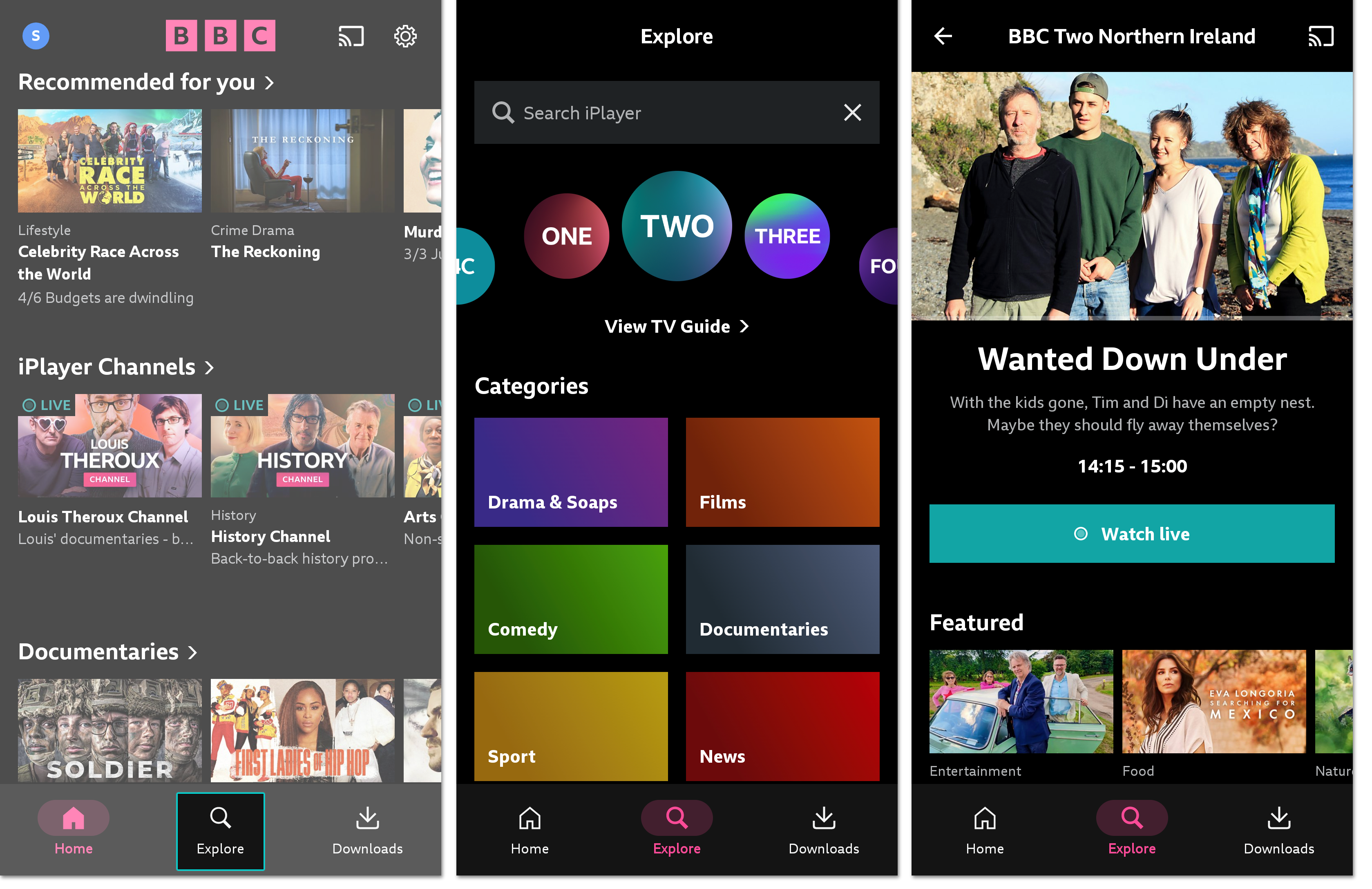 Three screenshots of the BBC iPlayer mobile app. The first shows the homescreen with 'Explore' highlighted. The second shows the Explore page with the channel rail at the top of the screen. The third shows the channel page with the green 'Watch live' button visible.