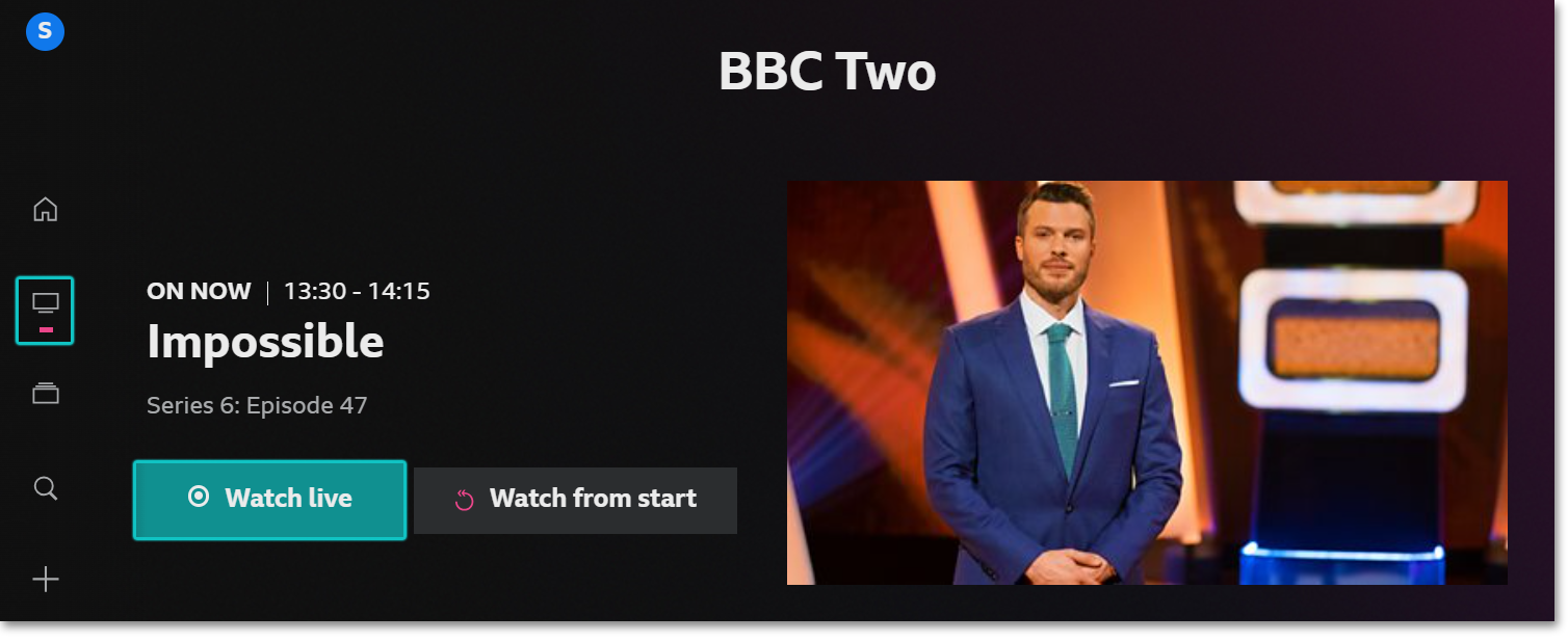 Image of the iPlayer TV app with the channels icon and the 'Watch live' button highlighted