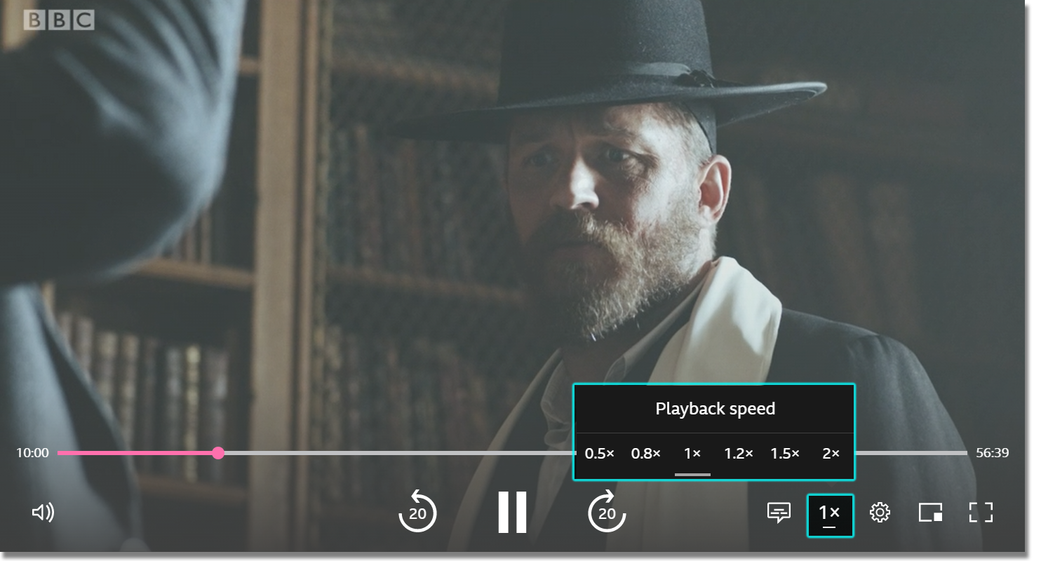 Image showing the playback screen on the BBC iPlayer website. The 1x button has been selected and the playback speed options are highlighted