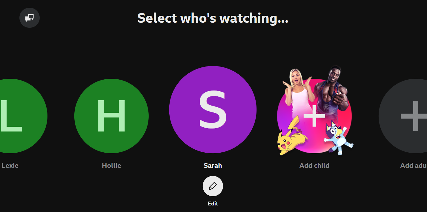 Image from the 'Select who's watching' page on the BBC iPlayer TV app. The 'Edit' button is highlighted under an account
