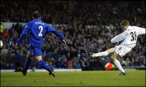 Milner shoots to score Leeds' second goal