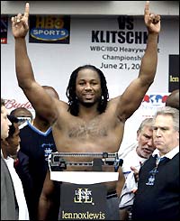Lennox Lewis weighs in for his fight against Vitali Klitschko in Los Angeles