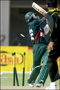 Bangladeshi batsman Rajin Saleh is clean bowled