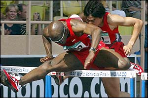 US sprinter Allen Johnson clears an hurdle