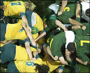 The Australian (left) and South African scrums collide during the Wallabies' 29-9 Tri-Nations victory in Brisbane