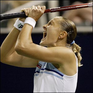 Russia's Nadia Petrova reacts after losing a point to compatriot Maria Sharapova during the JPMorgan Chase Open in California