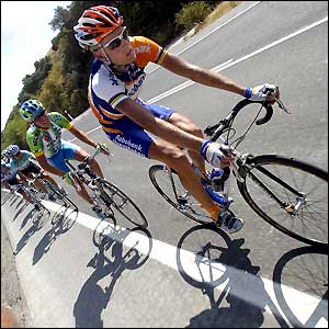 Denmark's Michael Rasmussen makes a move in the Tour of Spain