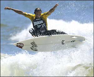 American Shea Lopez launches off a wave in practice for the X Games at Huntington Beach in California