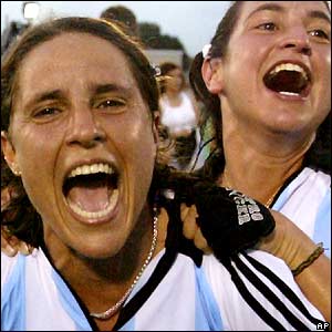 Argentina's Mercedes Margalot and Alejandra Gulla celebrate winning women's field hockey gold