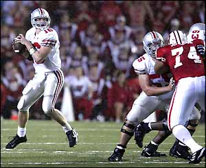 Ohio State Buckeye's quarterback Craig Krenzel gets a pass away against the Wisconsin Badgers