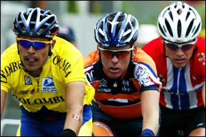  Victor Hugo Pena Grisales leads a breakaway during the men's individual road race at the World Cycling Championships in Ontario