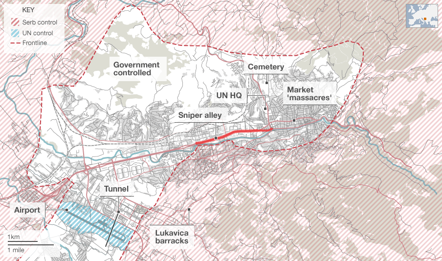 Image: Map showing Sarajevo's front lines and key locations