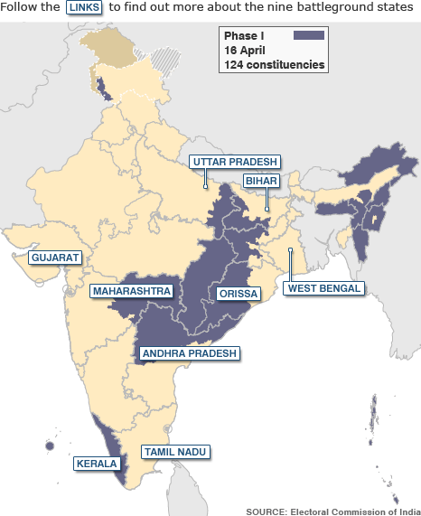India election map, voting phase 1