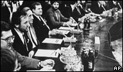 Members of Solidarity at the start of talks with the Polish government