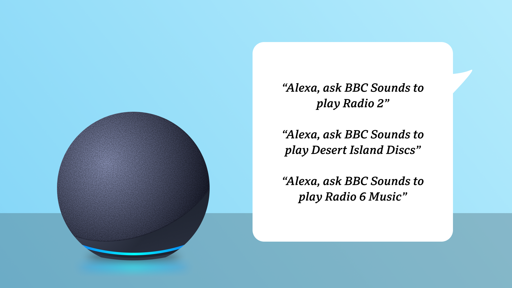 An Alexa smart speaker alongside example voice commands for the user to try, such as “Alexa, ask BBC Sounds to play Radio 2”, “Alexa, ask BBC sounds to play Desert Island Discs”, and “Alexa, ask BBC sounds to play Radio 6 Music”.