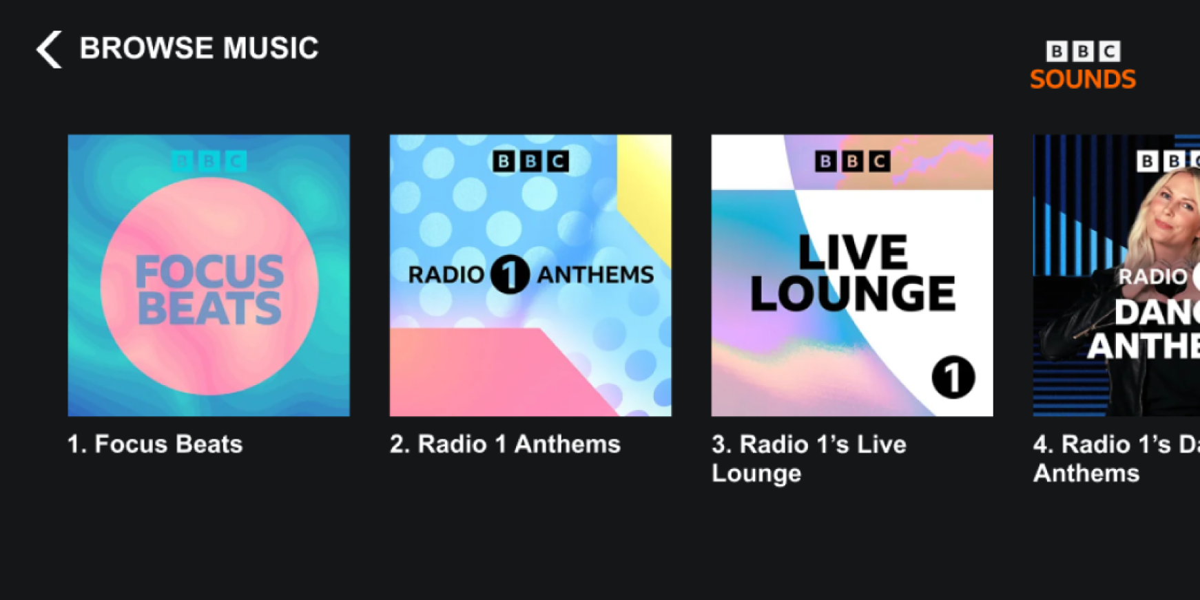 Image of the Browse Music menu on the BBC Sounds skill for screened Alexa devices