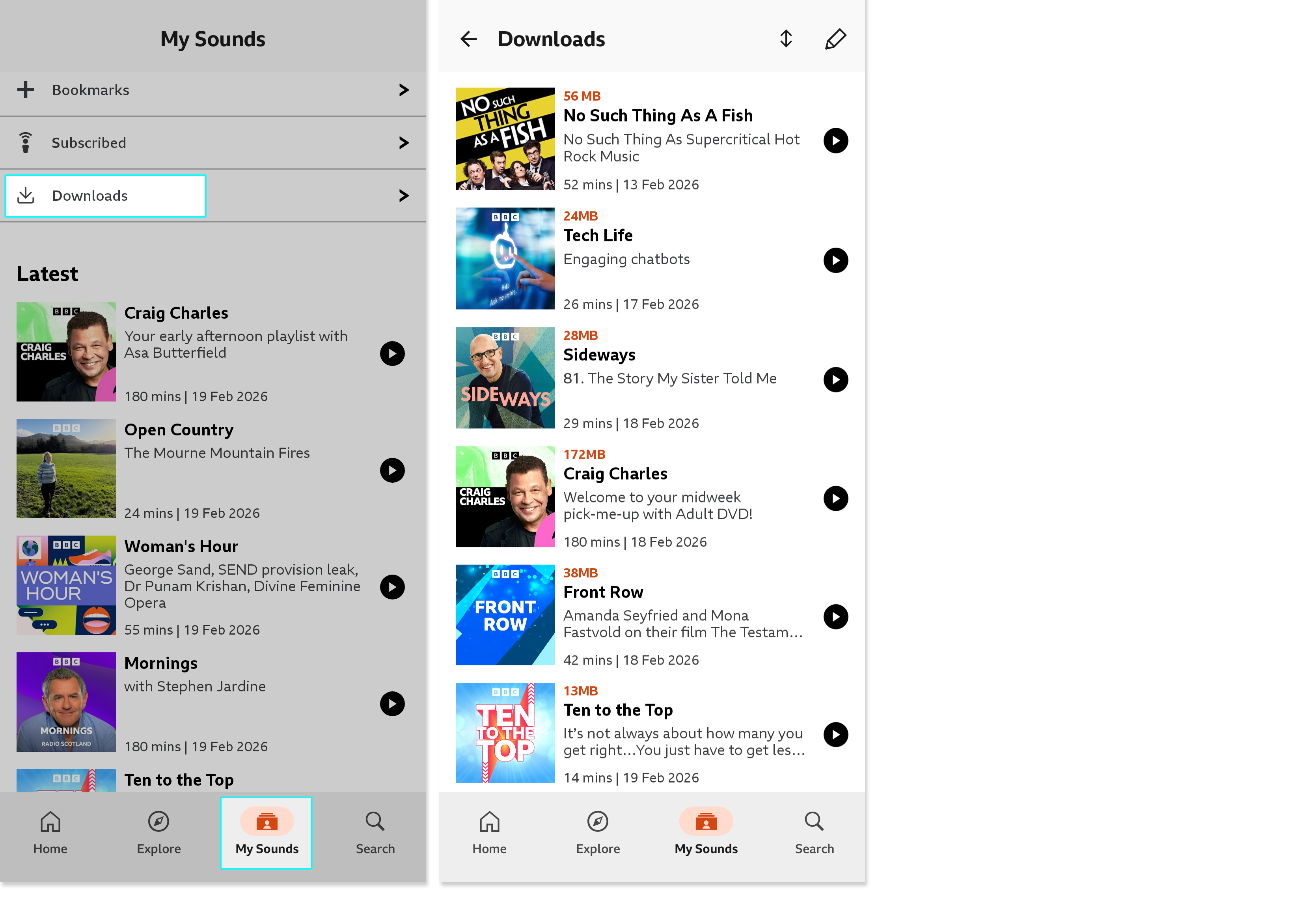 Two images from the BBC Sounds mobile app. The first shows the My Sounds menu with the Downloads option highlighted. The second shows the downloads menu with a list of downloaded programmes