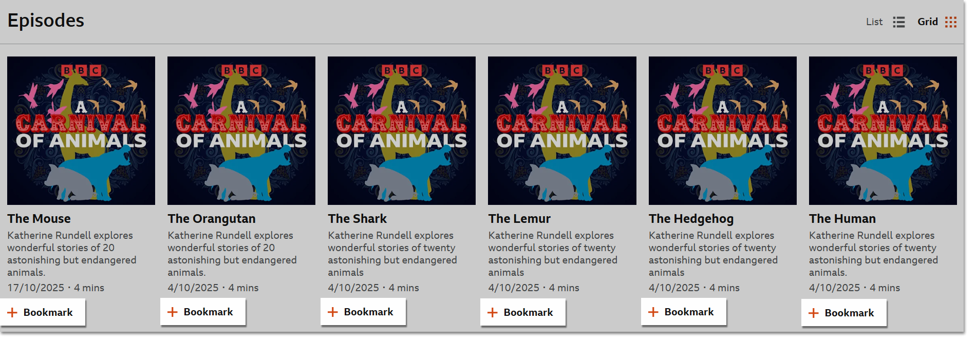 Image of a list of episodes with the Bookmark links highlighted under each one