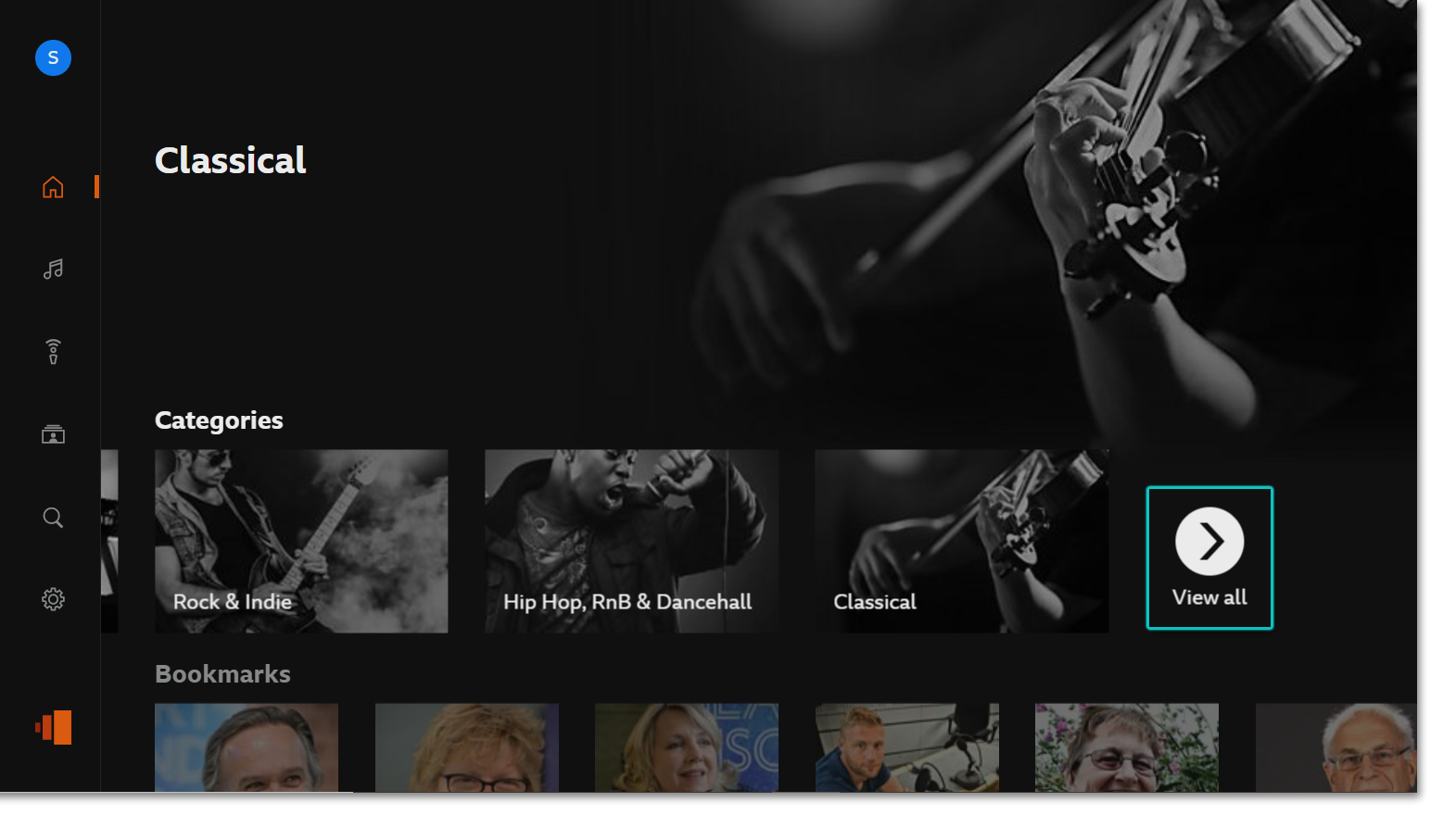 Screenshot from the BBC Sounds TV app showing the categories section of the homepage and highlighting the 'View all' button on the far right hand side