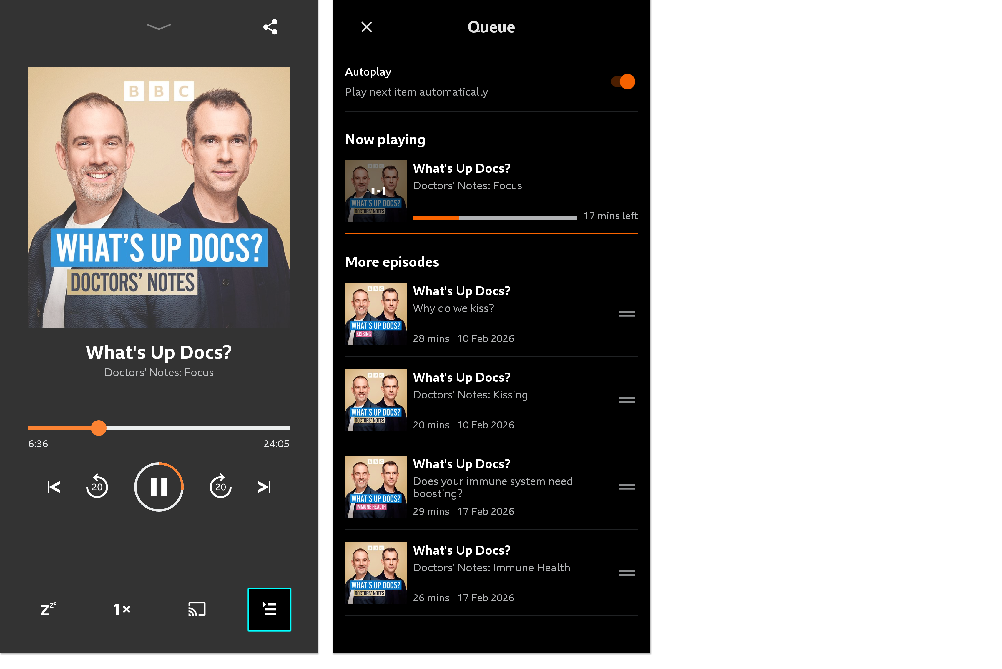Two images from the BBC Sounds mobile app. The first shows the playback screen when playing an on-demand programme. The play queue icon is highlighted on the bottom right. The second shows the play queue