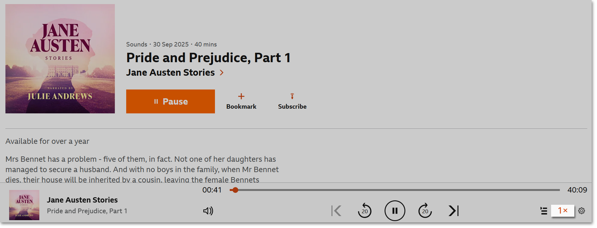 Image showing the playback screen on the BBC Sounds website. The playback speed icon is highlighted on the bottom right