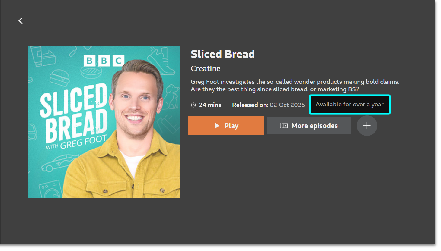 Image of the episode information page of a podcast on the BBC Sounds TV app. The availability of the episode is highlighted at the top