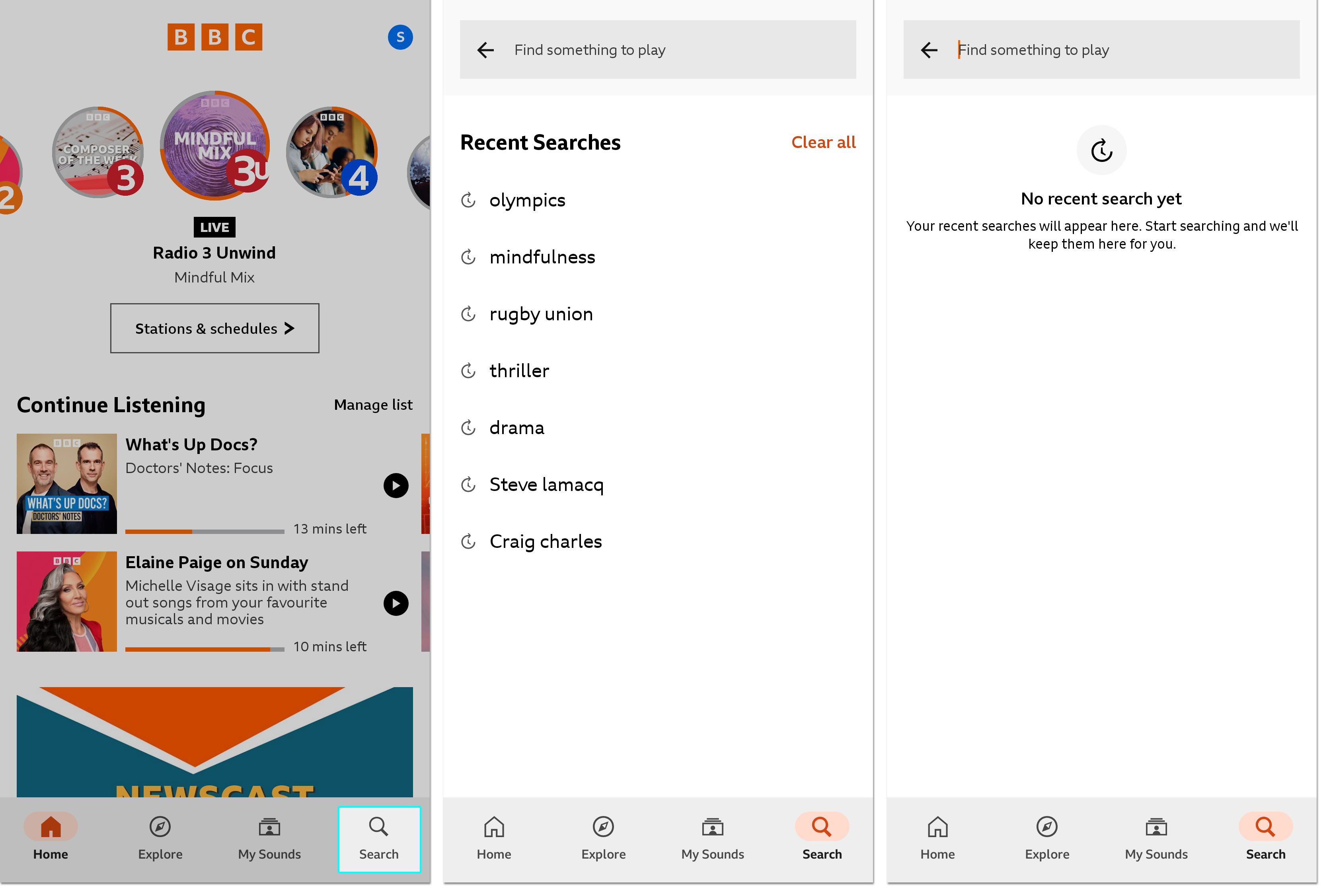 Three images from the BBC Sounds mobile app. The first shows the homepage with the 'Search' button highlighted on the bottom right. The second shows the search history and the third shows an empty search after it has been cleared