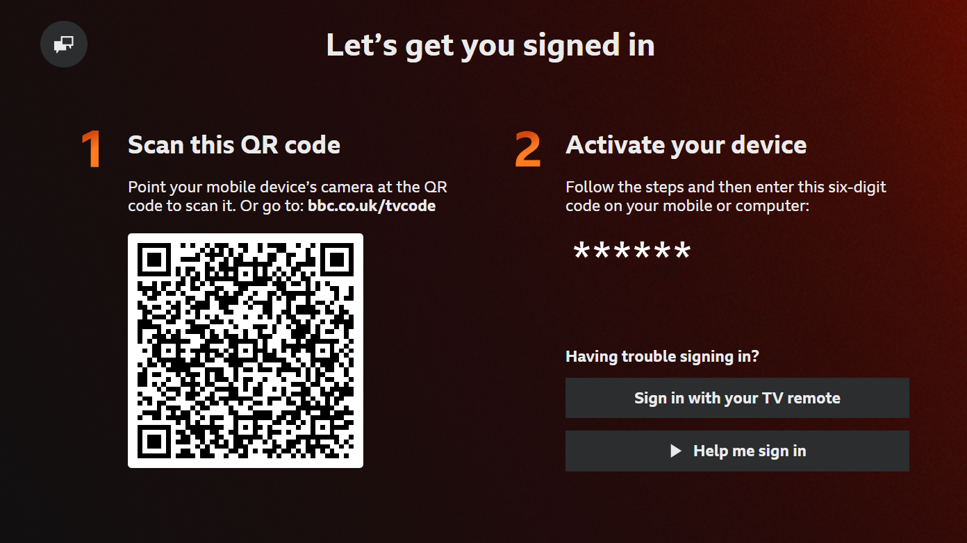 Image of the BBC Sounds TV app showing the sign in page with a QR code and the option to sign in with TV remote, or to seek help with signing in