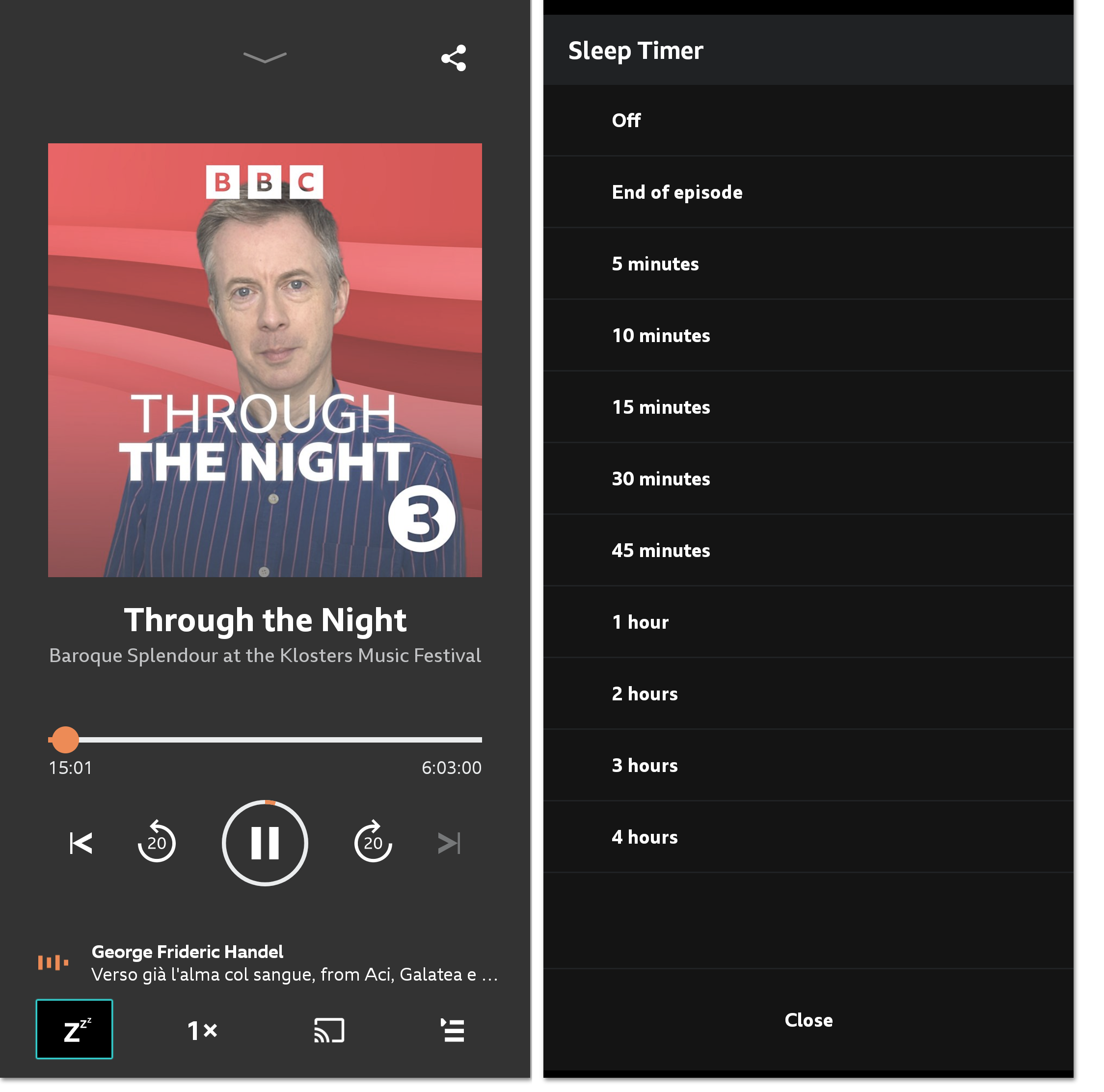 Two screenshots of the BBC Sounds mobile/tablet app. The first shows the playback screen with the sleep timer icon highlighted on the bottom left and the second shows the sleep timer options