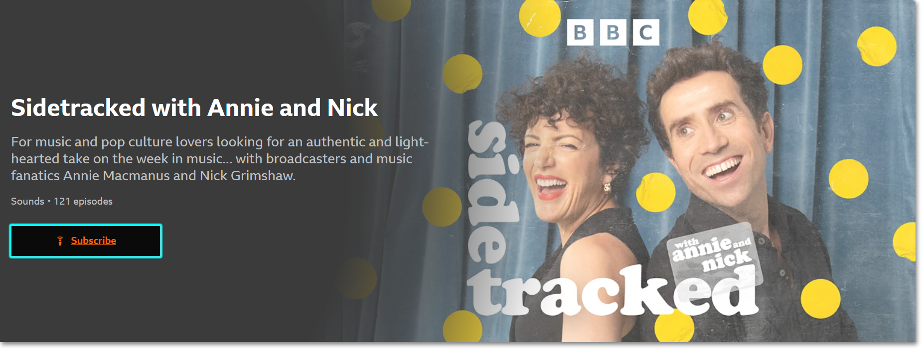 Image of the programme on the BBC Sounds website. The 'Subscribe' button is highlighted