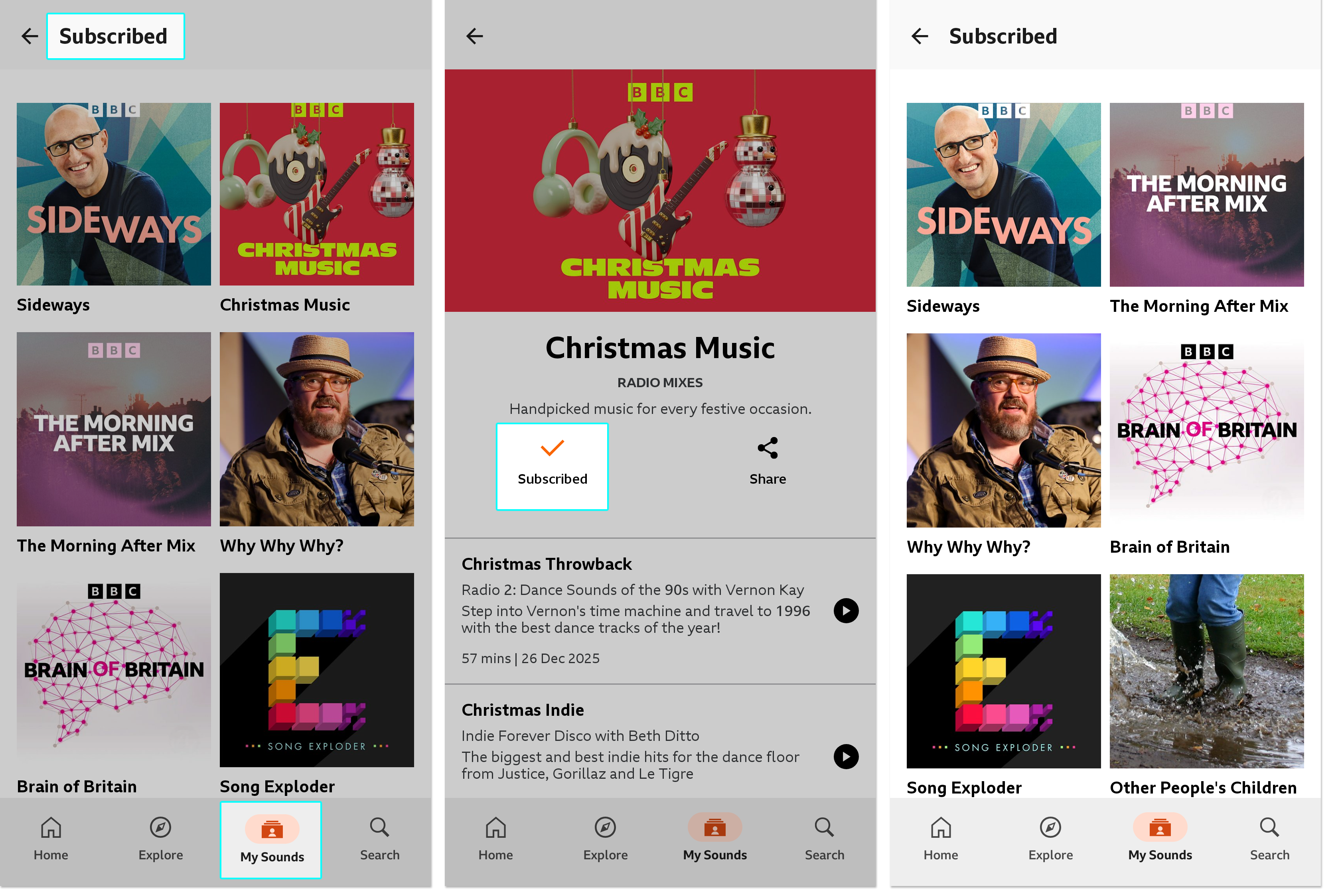 Three images of the BBC Sounds mobile app. The first shows the Subscribed menu with the icon and title highlighted. The second shows a programme with the 'Subscribe' button highlighted. The third shows the Subscribed list with the unsubscribed programme now gone