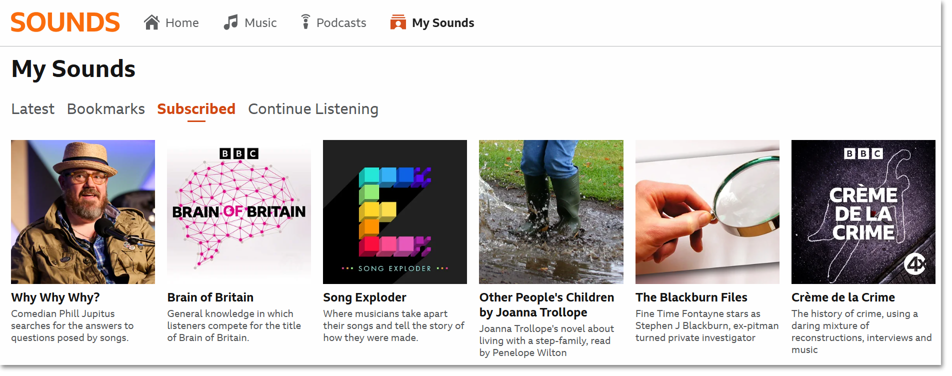 Image showing the Subscribed page from the My Sounds menu on the BBC Sounds website