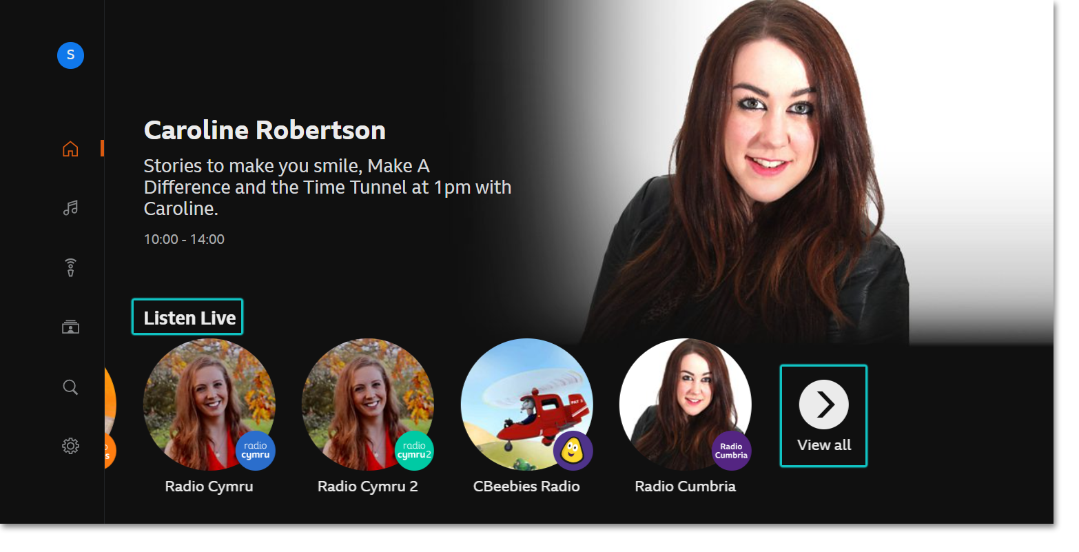 Image of the BBC Sounds TV app homescreen with the stations rail at the top. The 'View all' icon on the far left is highlighted
